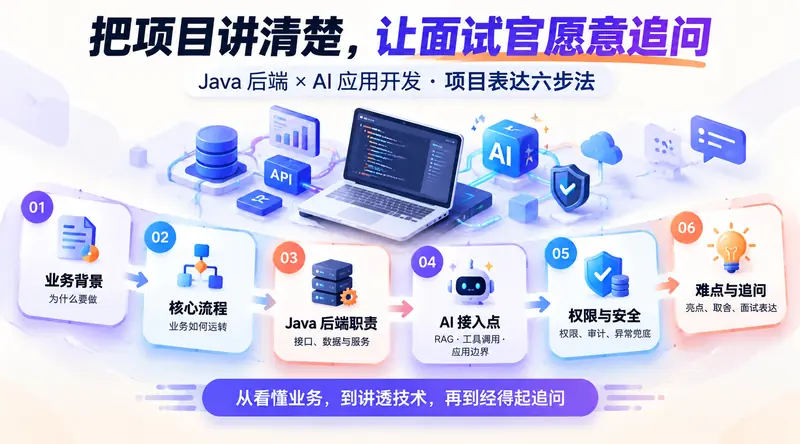 Java 后端与 AI 应用开发项目表达六步法：业务背景、核心流程、Java 后端职责、AI 接入点、权限与安全、难点与追问